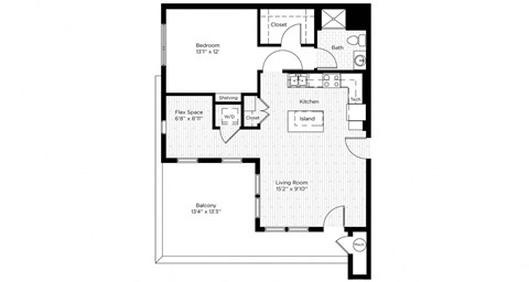 Floor plan for 1 bed, 1 bath, 741 sqft